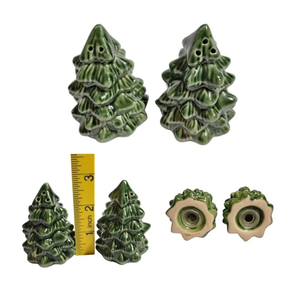 Vintage Ceramic Christmas Tree 4pc Set Green Leaf Pattern Napkin Holder Salt